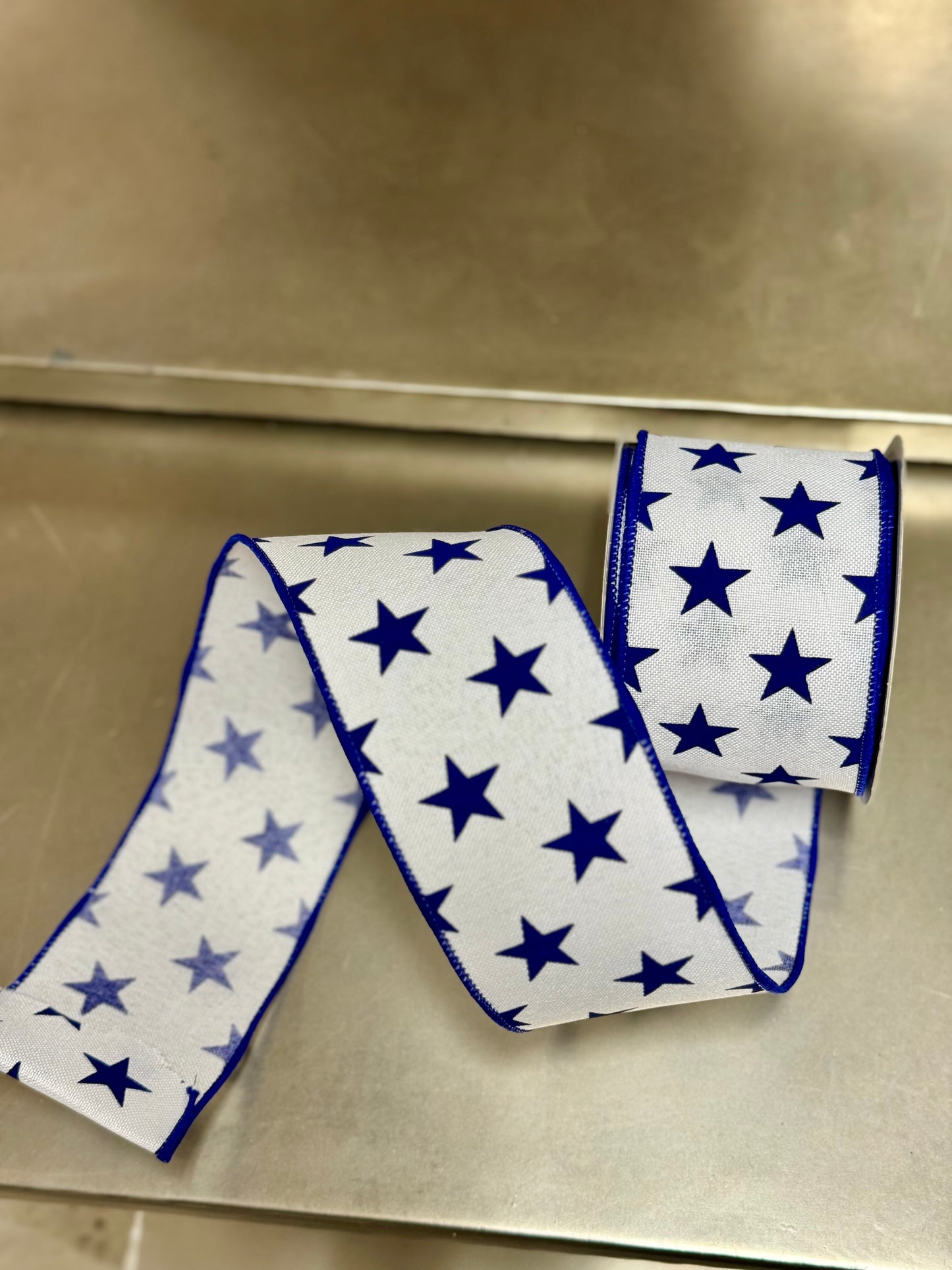 2.5 Inch By 10 Yard White And Navy Blue Stars Ribbon