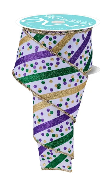 2.5 Inch By 10 Yard Mardi Gras Glitter Stripe With Confetti Dots Ribbon