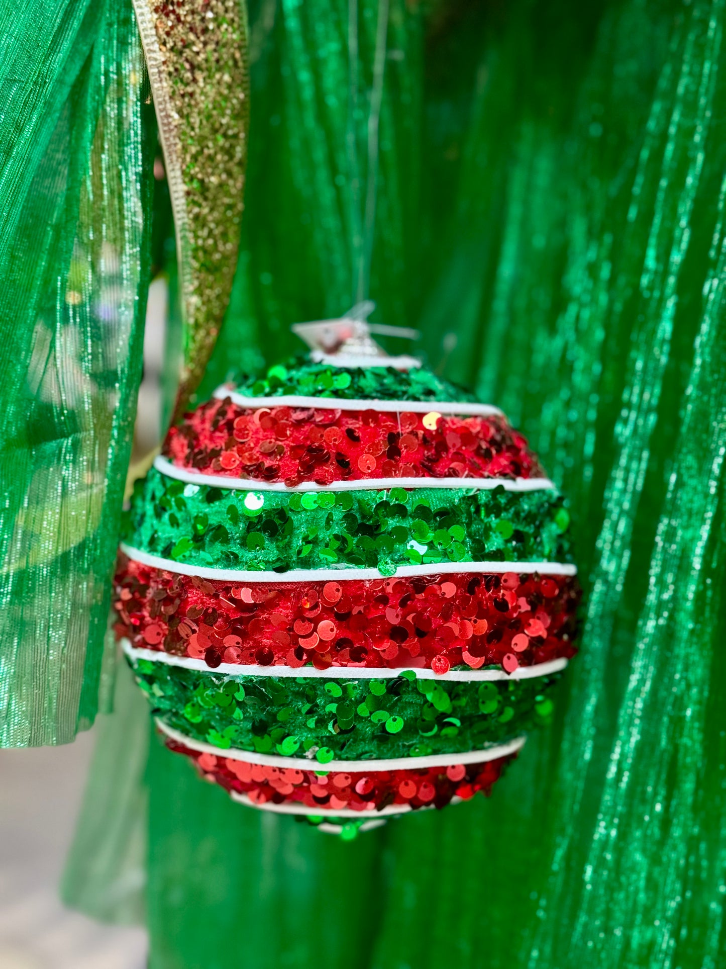 5.5 Inch Red And Emerald Green Sequin Striped Ornament Ball