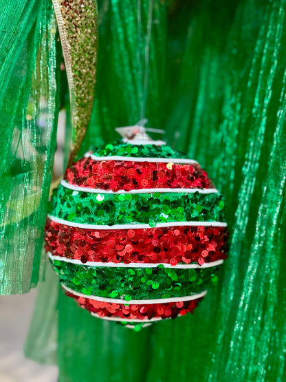 5.5 Inch Red And Emerald Green Sequin Striped Ornament Ball