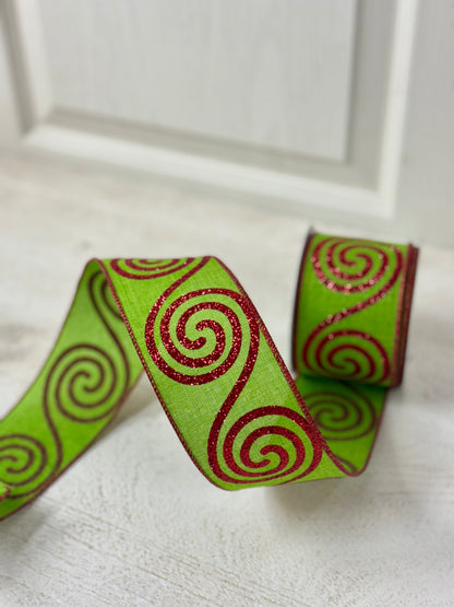 2.5 Inch By 10 Yard Red And Lime Green Large Swirl Ribbon