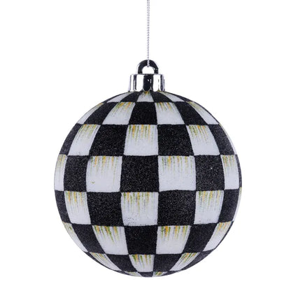 5 Inch Black And White Check Glitter Ornament