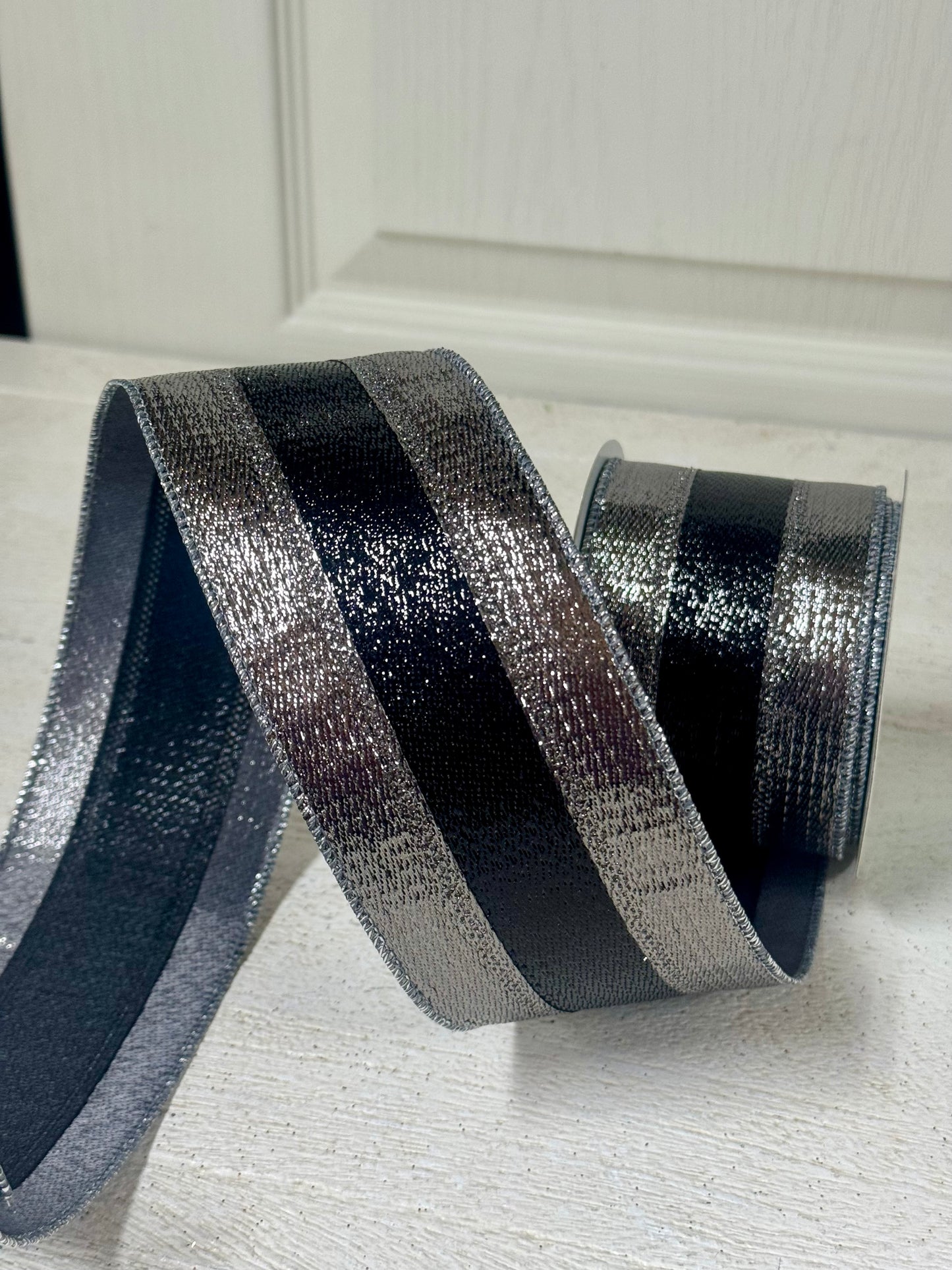 2.5 Inch By 10 Yard Black And Silver Pewter And Black Metallic Ribbon