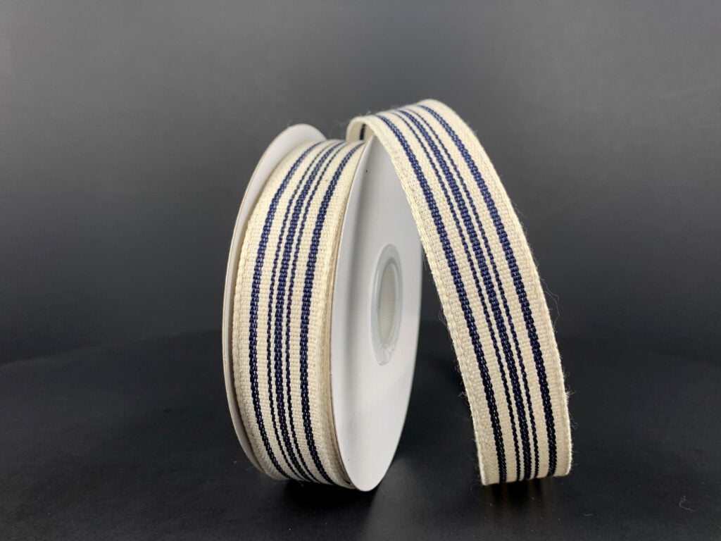 7/8 Inch By 10 Yard Navy Blue And Ivory Striped Ribbon