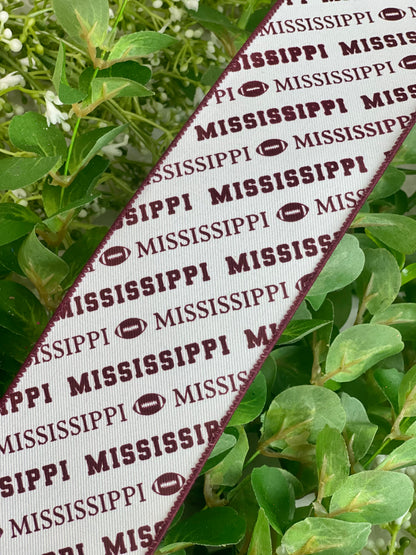 2.5 Inch By 10 Yard Maroon And White Mississippi Football Diagonal Pattern Ribbon
