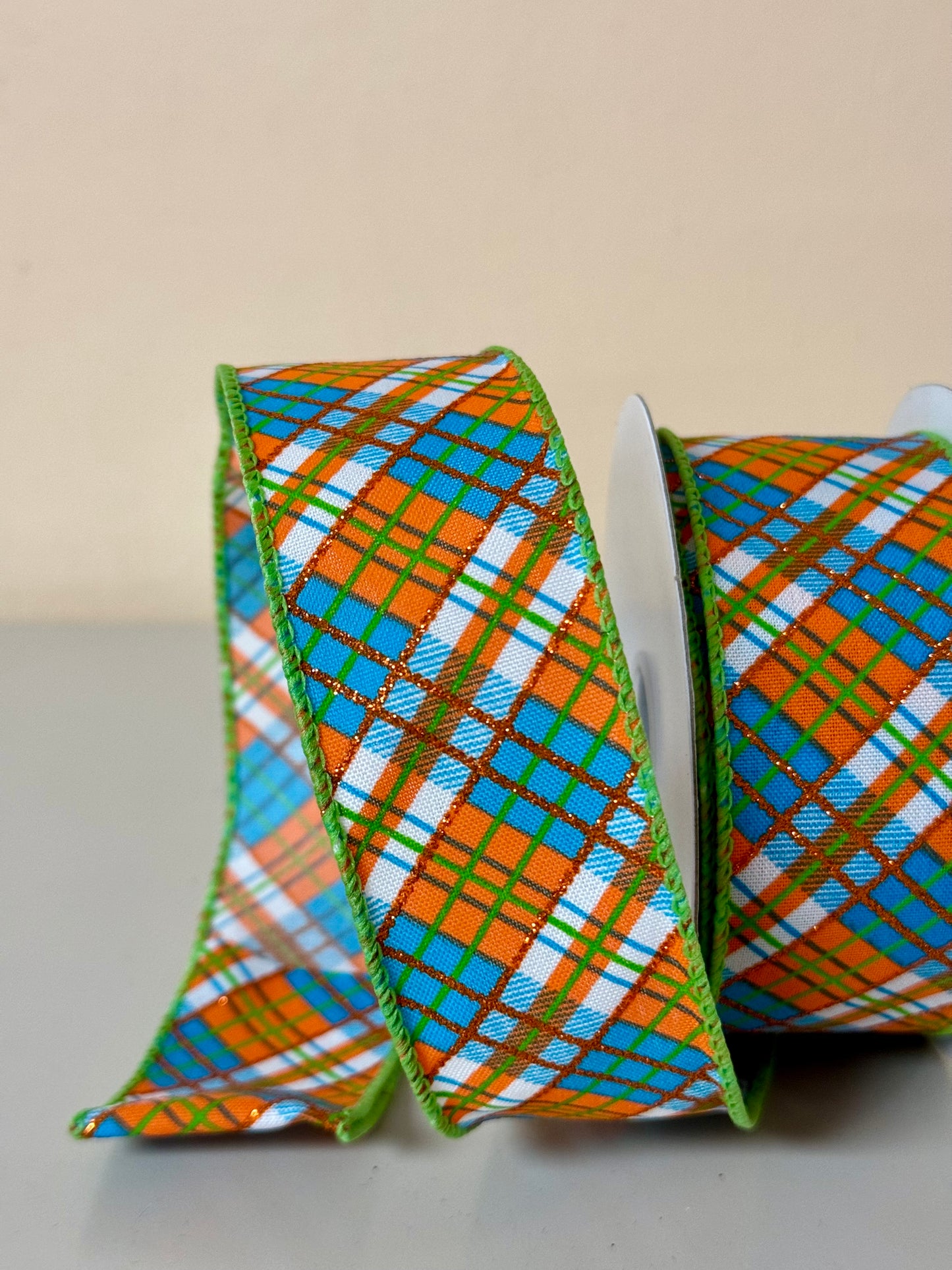 1.5 Inch By 10 Yard Orange Blue Green Plaid Ribbon