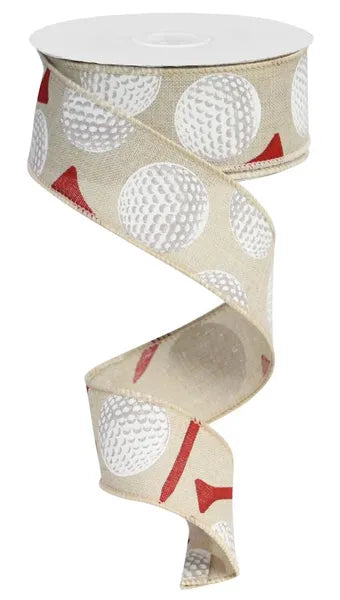 1.5 Inch By 10 Yard Tan And Red Golf Ball Ribbon
