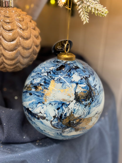 6 Inch Blue And Gold Watercolor Glass Ball Ornament