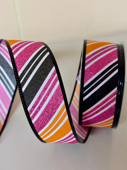 1.5 Inch By 10 Yard Orange Black And Pink Striped Ribbon