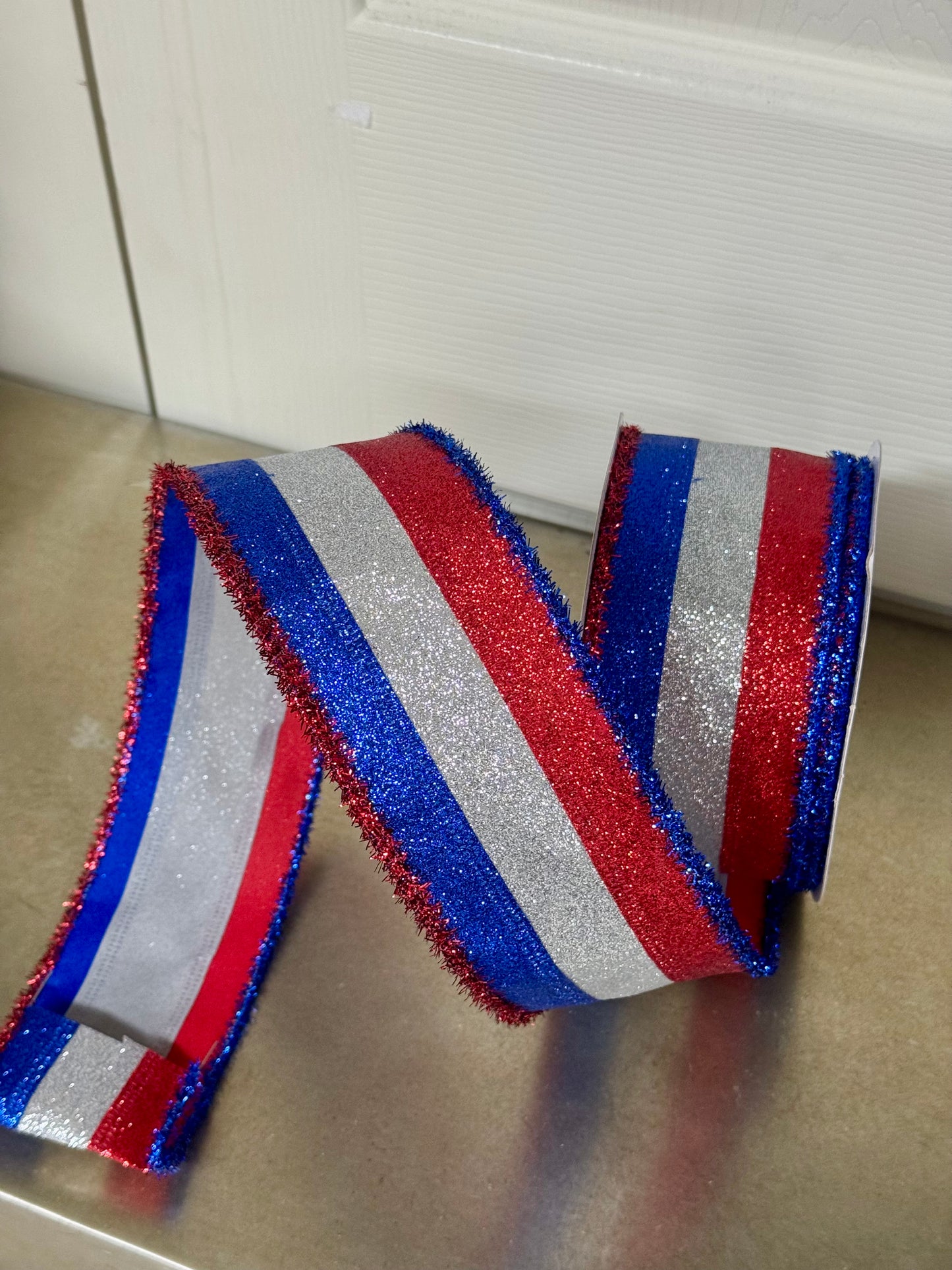 2.5 Inch By 10 Yard Royal Blue Red And Silver Striped Glitter With Tinsel Edging Ribbon