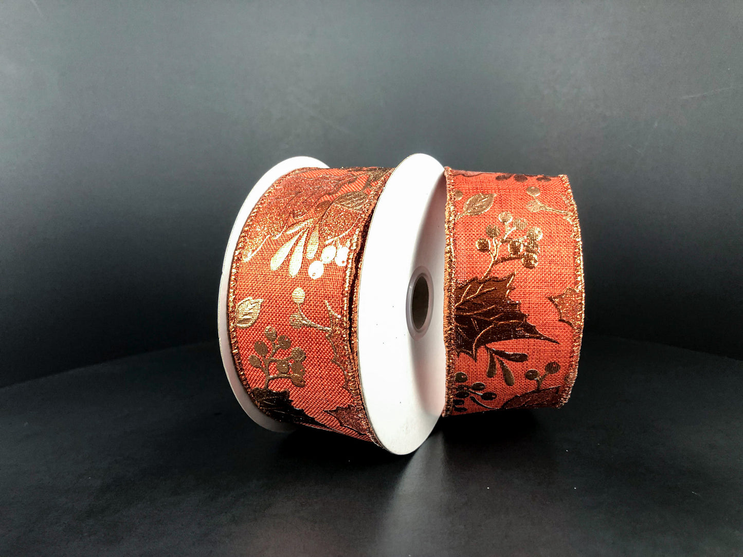1.5 Inch By 10 Yard Rust Line With Rust Metallic Leaves Ribbon