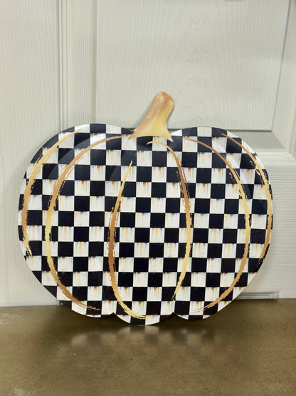 12 Inch Black White Gold Check Metal Embossed Pumpkin Wreath Sign