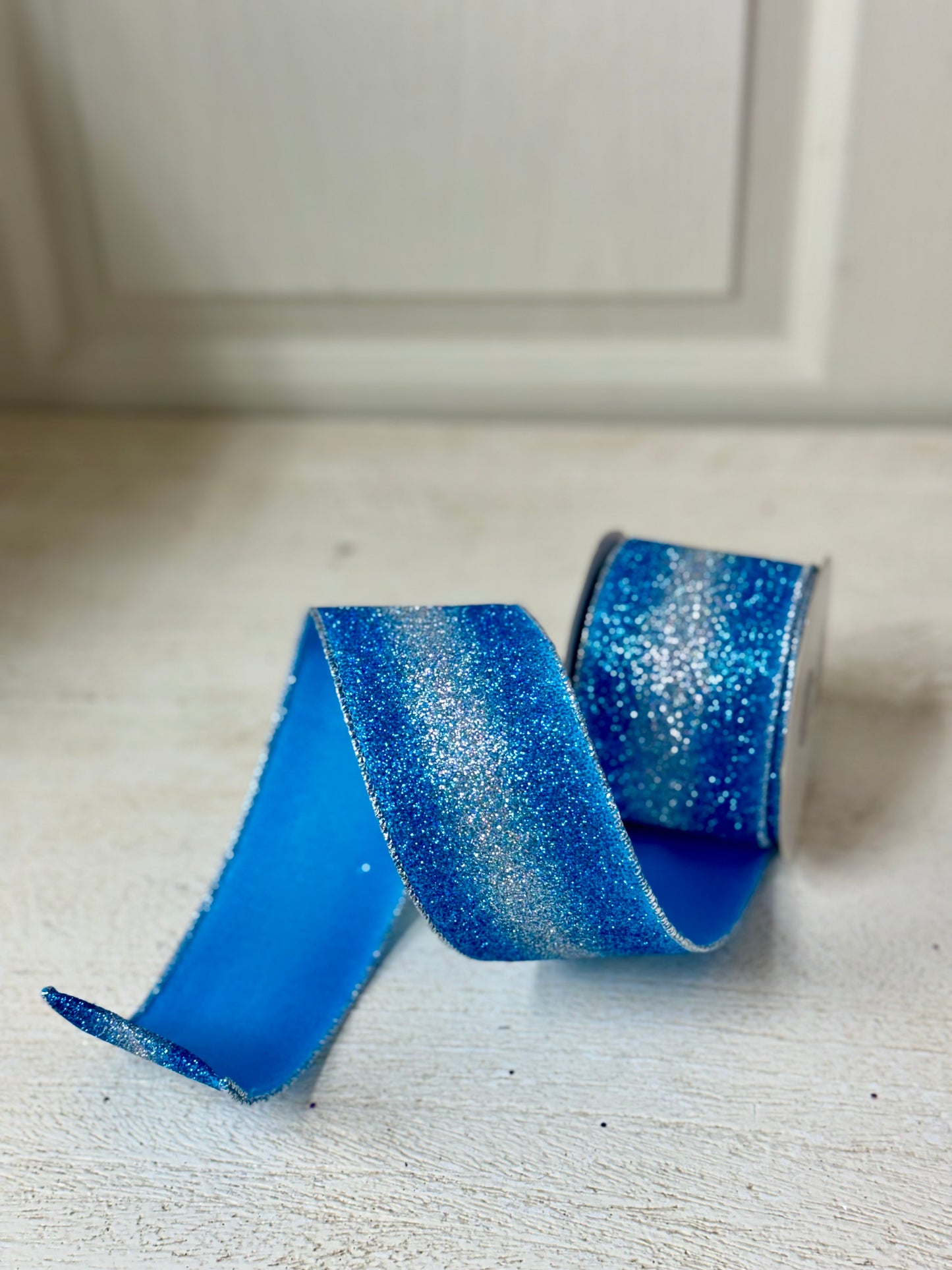 2.5 Inch By 10 Yard Turquoise Blue And Silver Glitter Gradient Ribbon