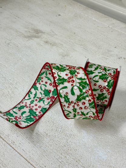 2.5 Inch By 10 Yard Holly Berry And Mistletoe Ribbon
