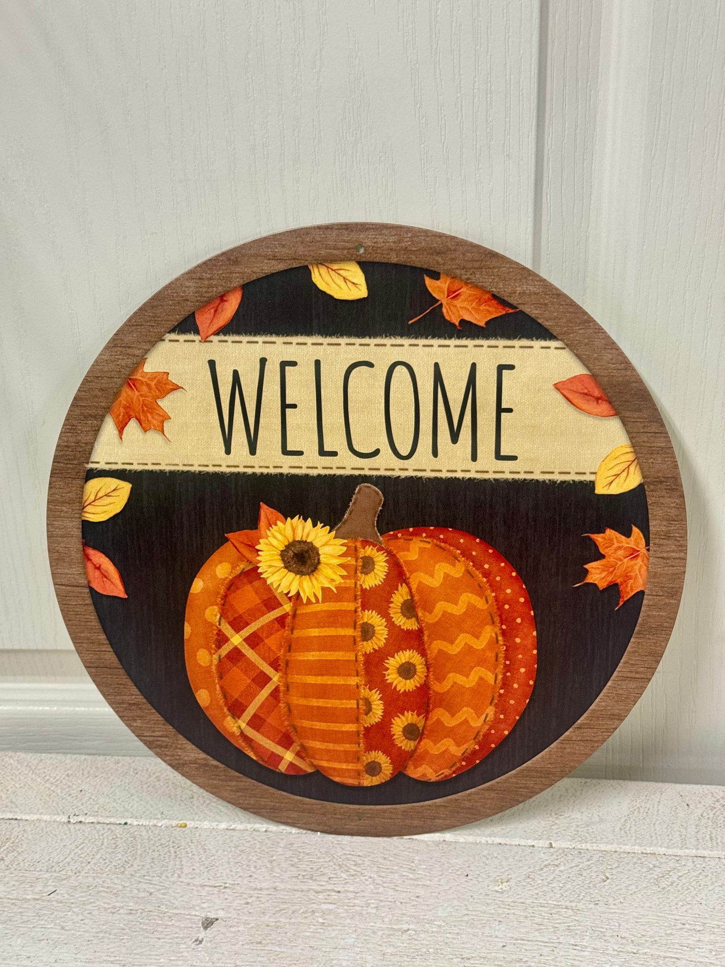 12 Inch Welcome Quilted Patch Pumpkin Metal Sign