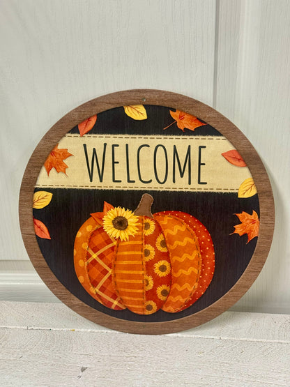 12 Inch Welcome Quilted Patch Pumpkin Metal Sign