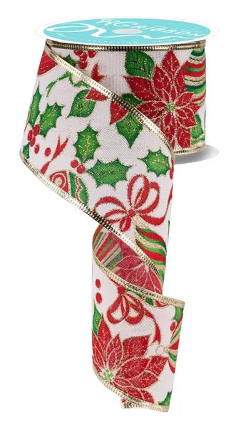 2.5 Inch By 10 Yard Poinsettia And Ornaments Ribbon