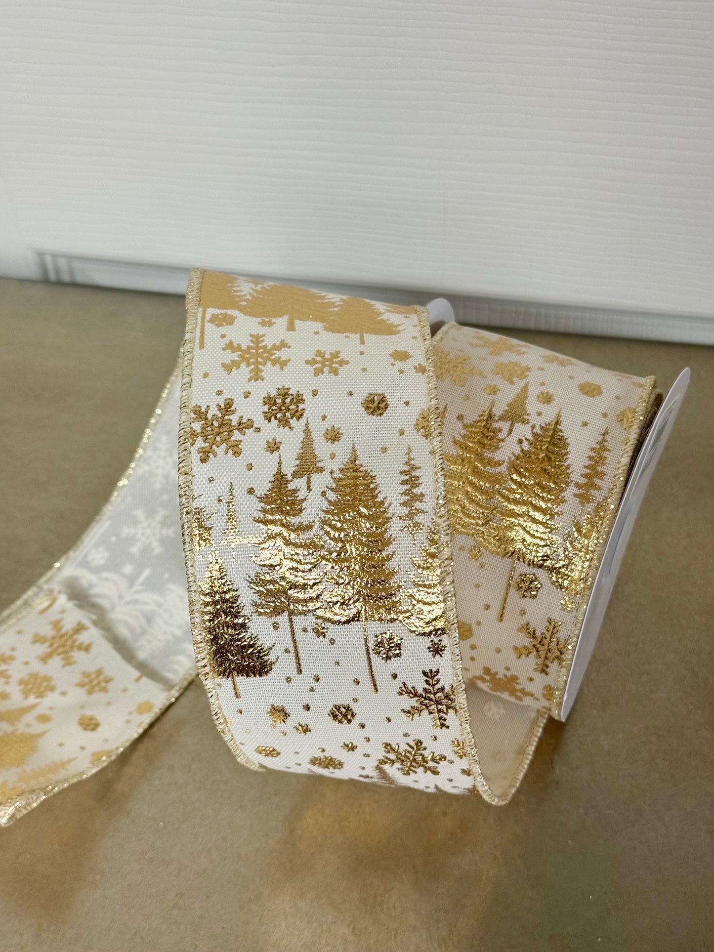 2.5 Inch By 10 Yard Dark Cream And Gold Pine Trees And Snowflakes Ribbon