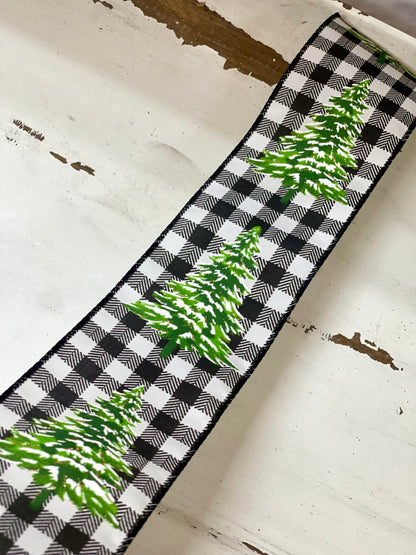 2.5 Inch Ribbon With Black And White buffalo Plaid With Christmas Tree