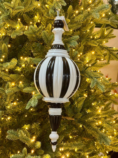 18 Inch Black And White Vertical Finial Ball Ornament