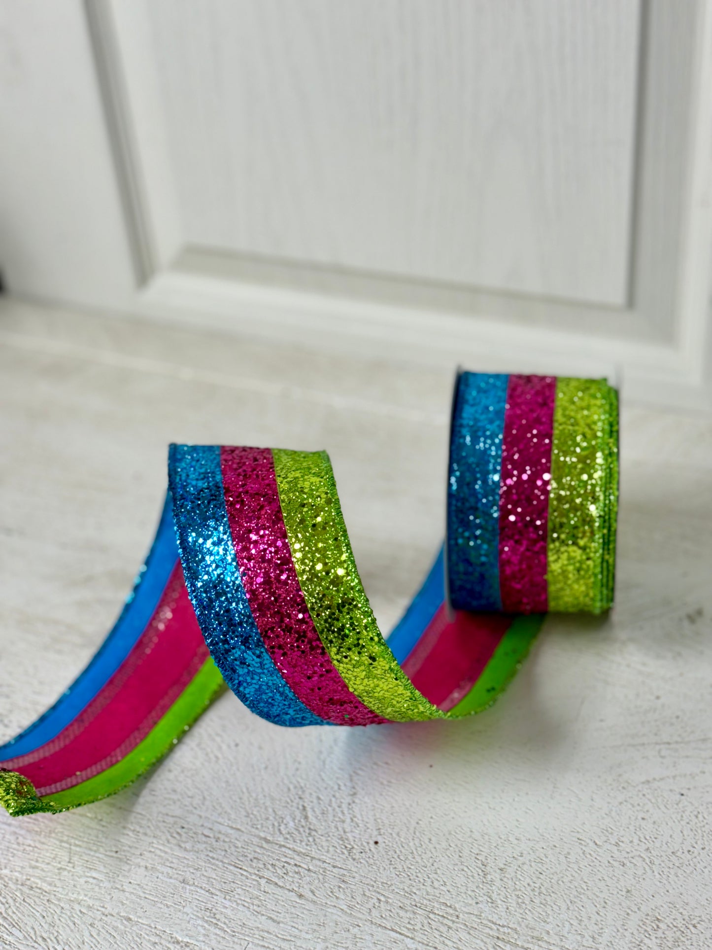 2.5 Inch By 10 Yard Turquoise, Fuchsia, Lime Striped Glitter Ribbon