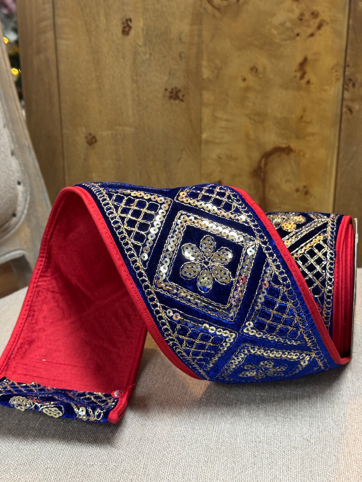 John Mark 4 Inch By 5 Yard Red And Blue Sequin Embroidered With Velvet Fused Piping Ribbon