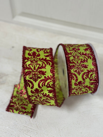 2.5 Inch By 10 Yard Spring Green And Red Damask Ribbon With Red Tinsel Edging