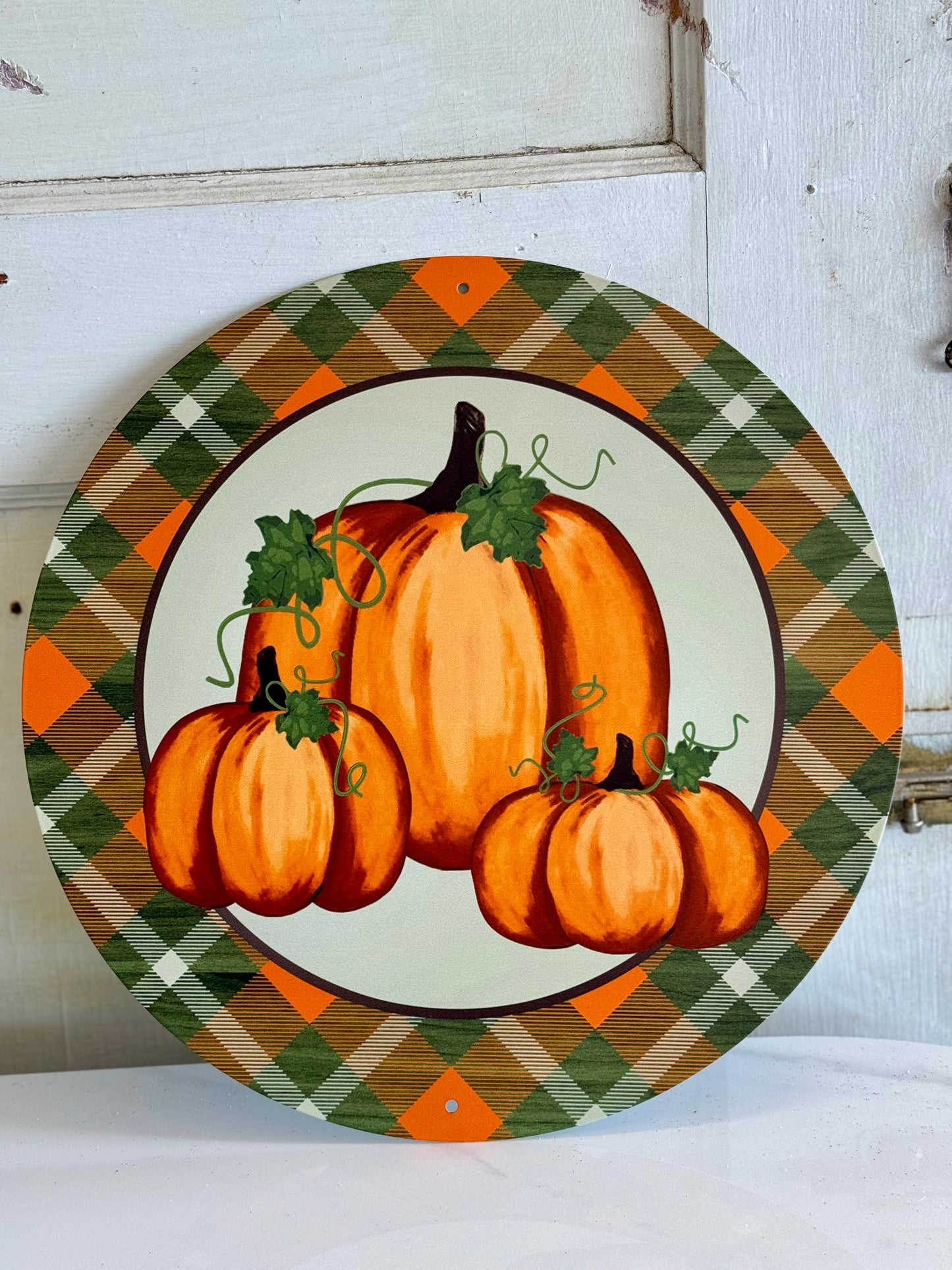 12 Inch Pumpkin Plaid Metal Sign