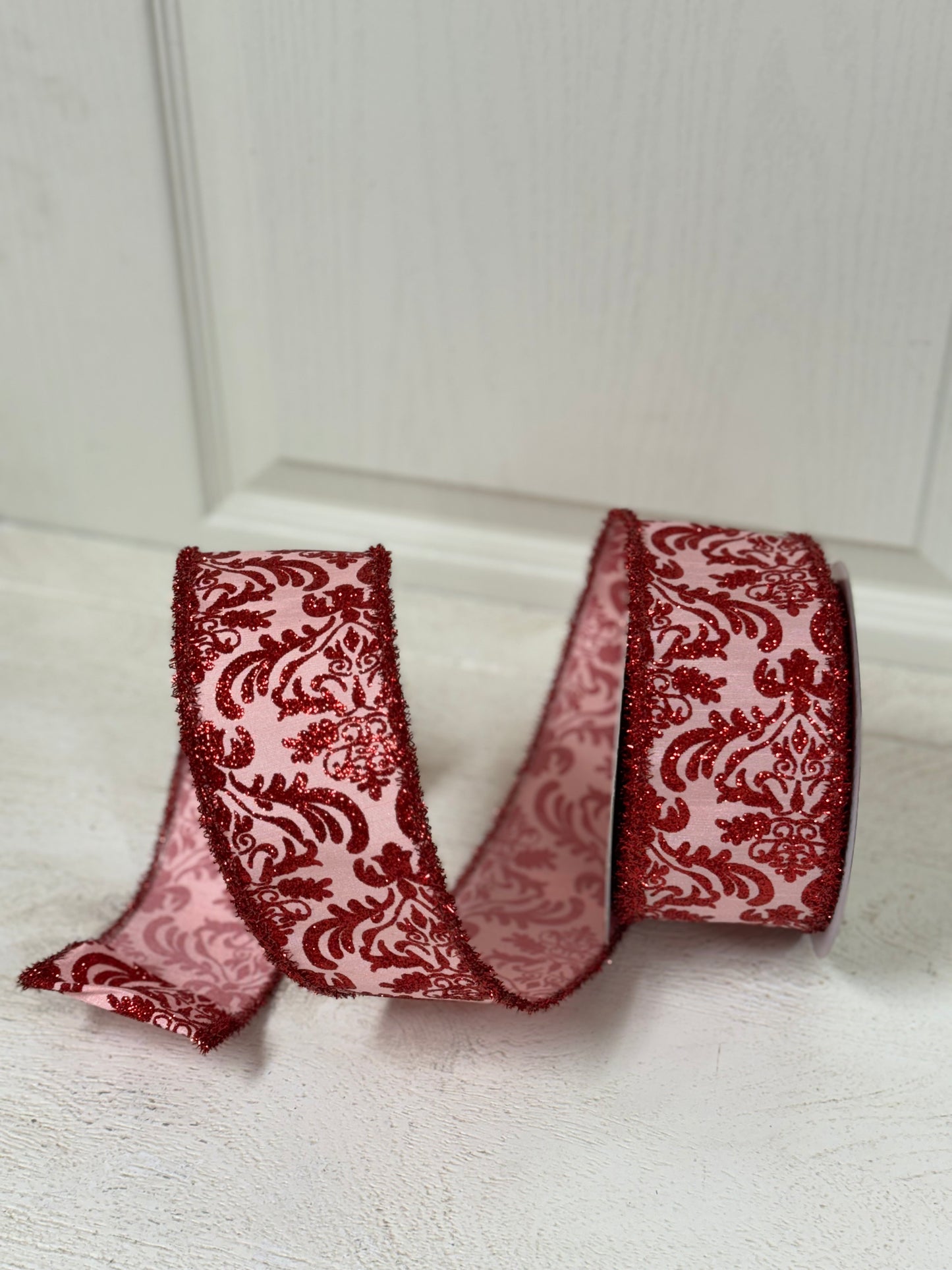 2.5 Inch By 10 Yard Soft Pink And Red Damask Dupioni With Red Tinsel Edge Ribbon