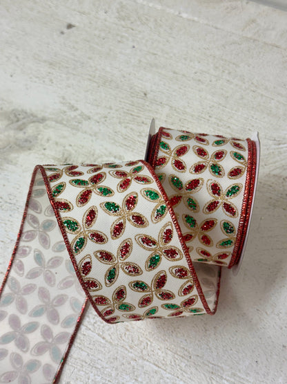 2.5 Inch By 10 Yard Red And Green Quatrefoil Petals Ribbon