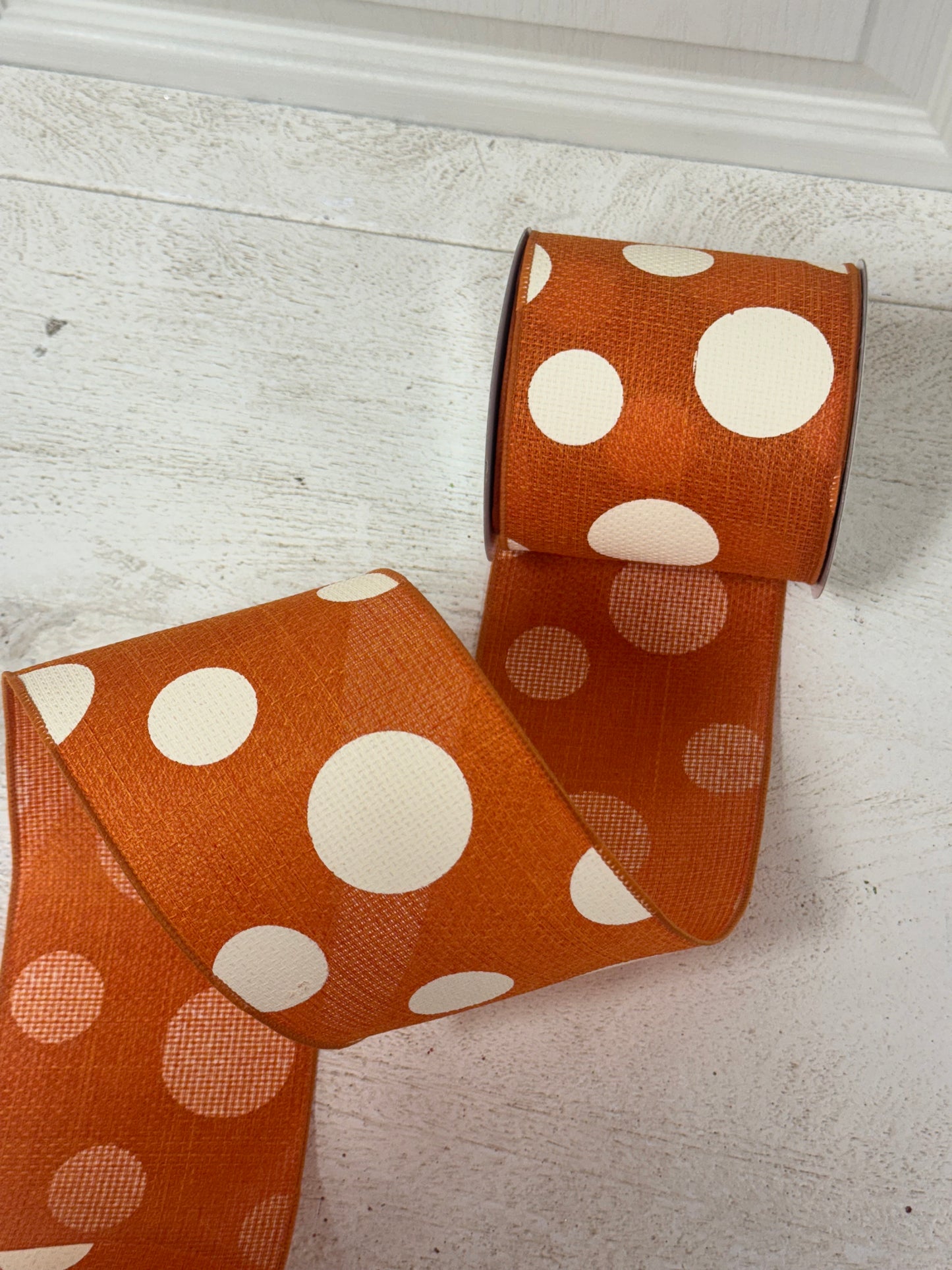 4 Inch By 10 Yard Orange And Ivory Giant Polka Dot Ribbon