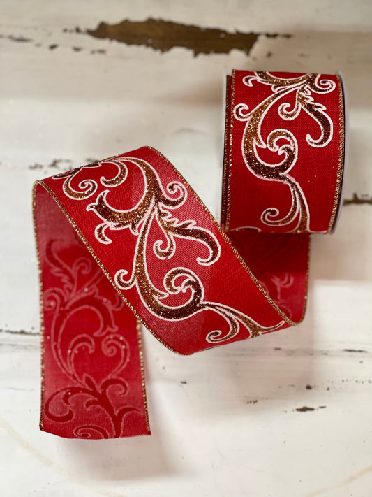 Red Wired Ribbon With Copper Ombre Swirl Design 2.5 Inch