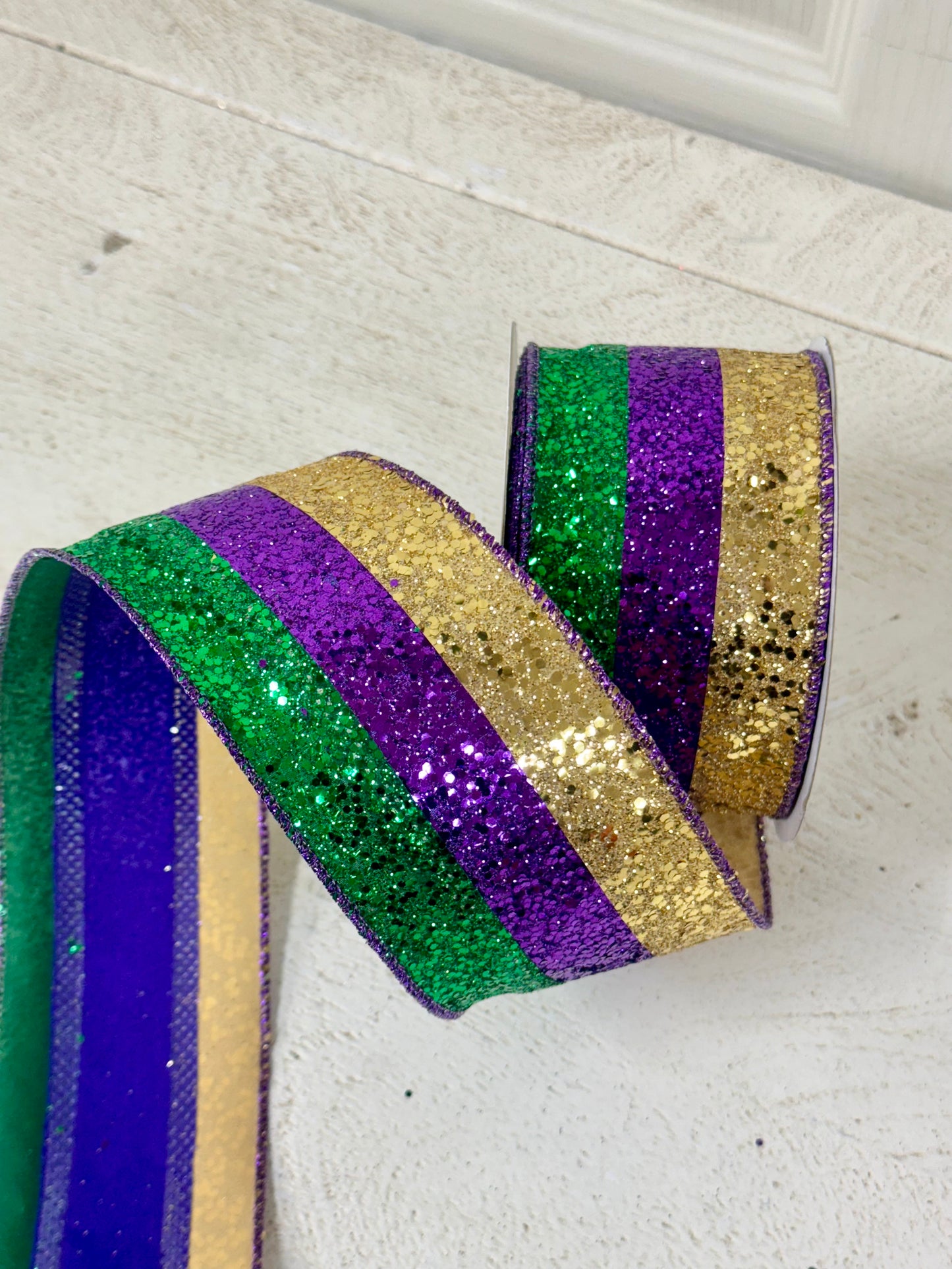 2.5 Inch By 10 Yard Mardi Gras Large Glitter Stripe Ribbon