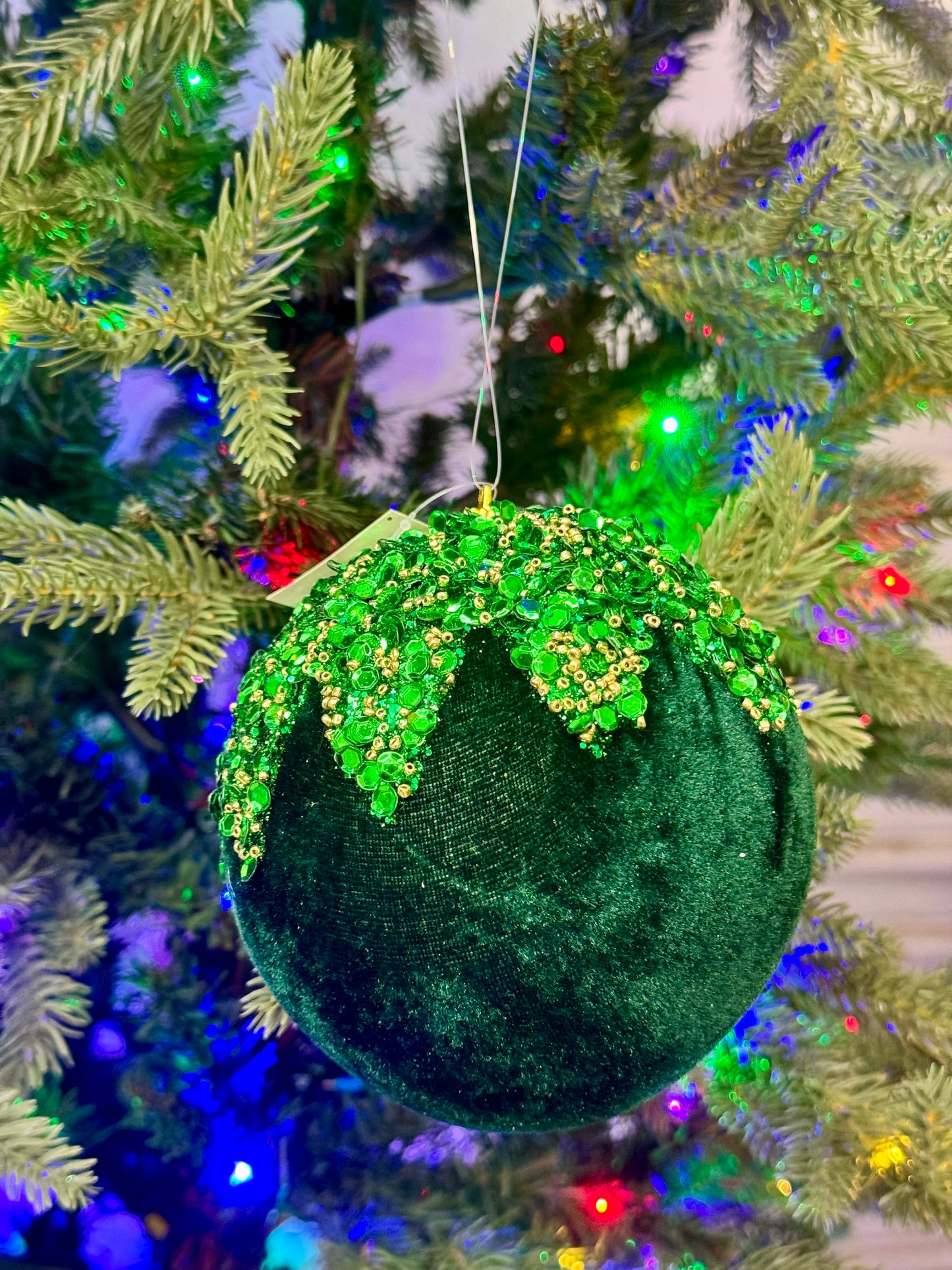 4.75 Inch Hunter Green Velvet Sequin Beaded Glitter Ornament