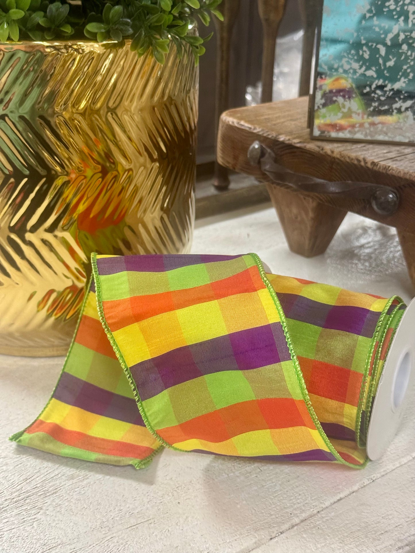 4 Inch By 10 Yard Bright Grand Dupioni Check Ribbon