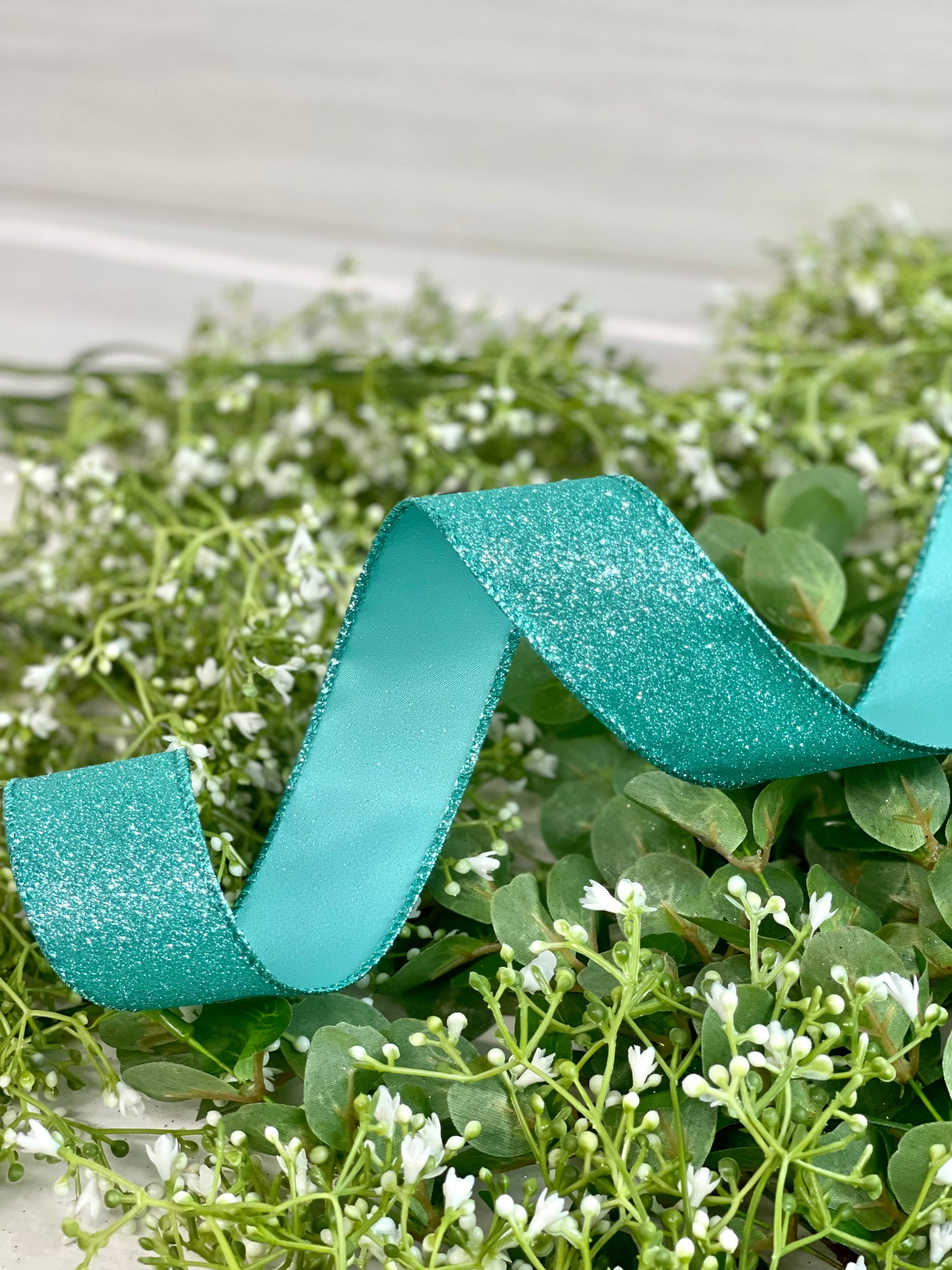 1.5 Inch By 10 Yard Aqua All Flat Glitter Ribbon