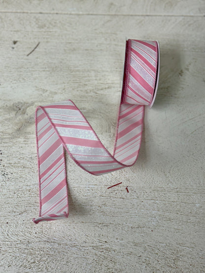 1.5 Inch By 10 Yard Light Pink And White Glitter Striped Ribbon