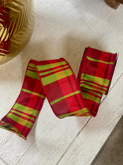 2.5 Inch By 10 Yard Red Green Christmas Dupioni Plaid Ribbon