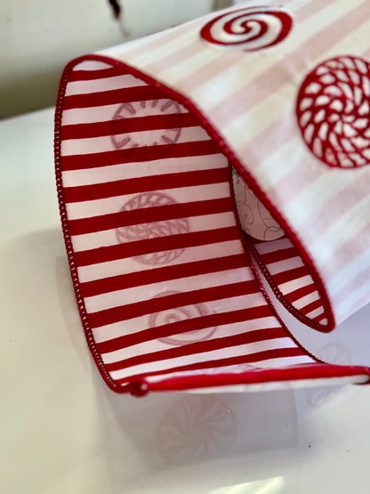 4 Inch By 10 Yard Red And White Peppermint Swirl Ribbon