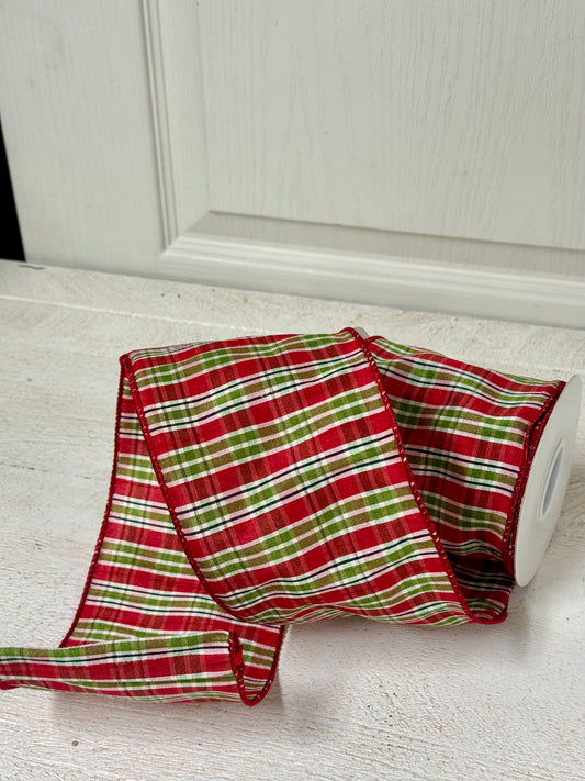 4 Inch By 10 Yard Red Lime Black Holiday Plaid Ribbon