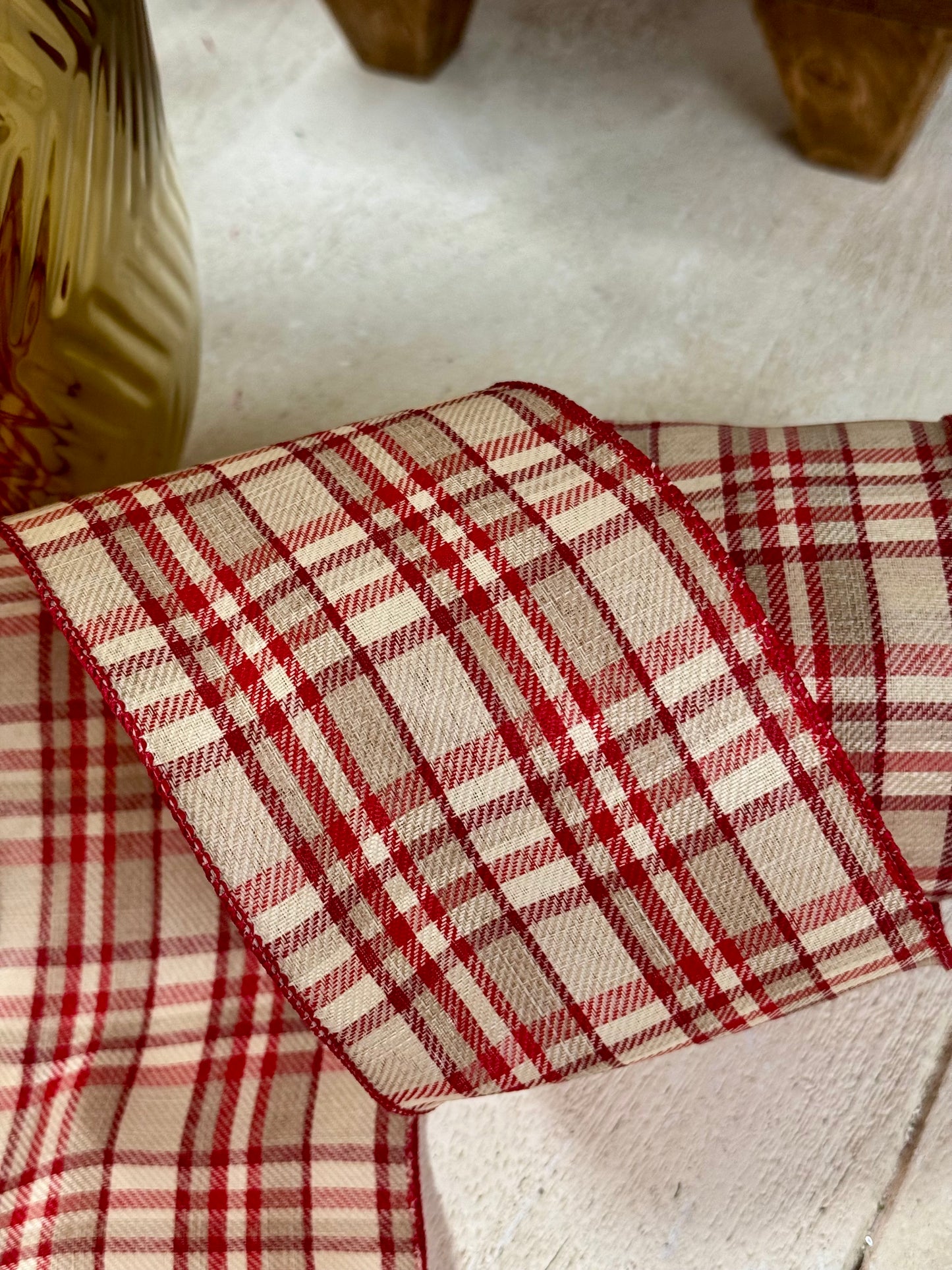 4 Inch By 10 Yard Natural And Red Holiday Plaid Ribbon