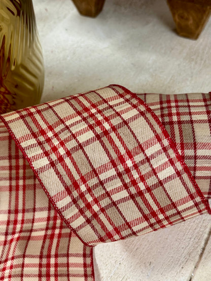 4 Inch By 10 Yard Natural And Red Holiday Plaid Ribbon
