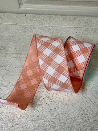 2.5 Inch By 10 Yard Peach And White Diagonal Check Ribbon