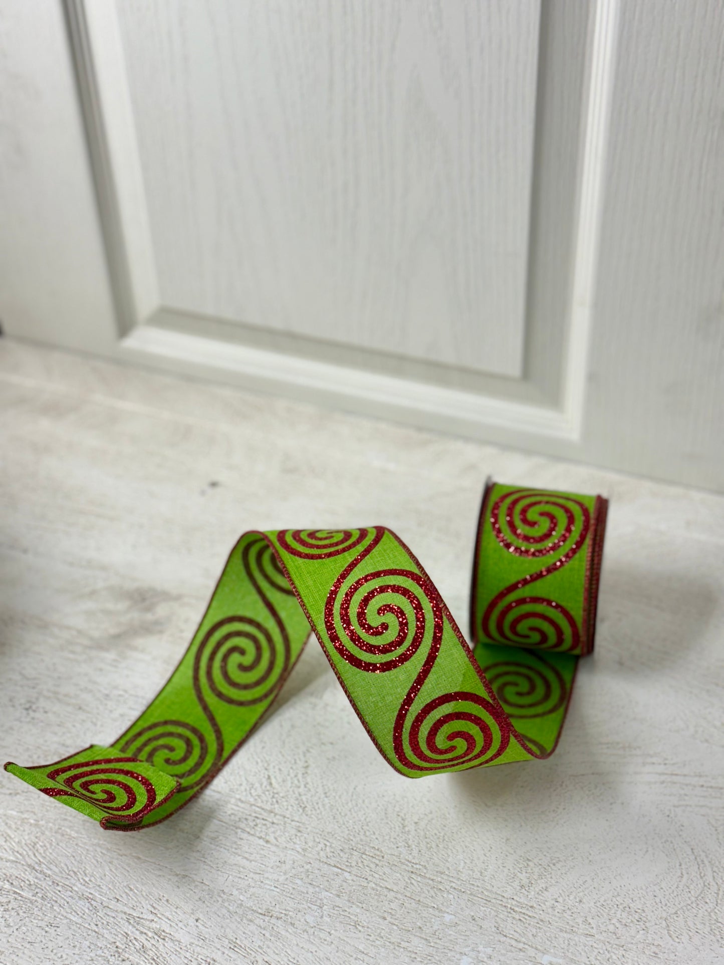 2.5 Inch By 10 Yard Red And Lime Green Large Swirl Ribbon