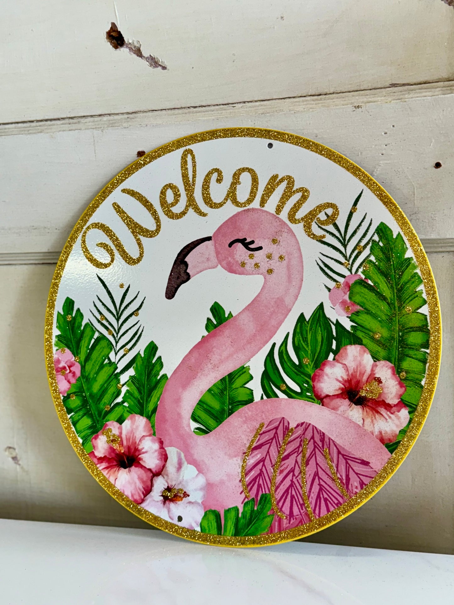 12 Inch Flamingo Glitter Welcome Metal Sign