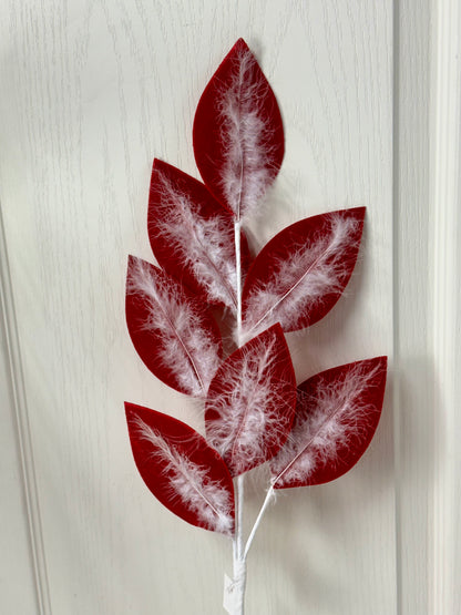27.5 Inch Red And White Velvet Feather Leaf Spray