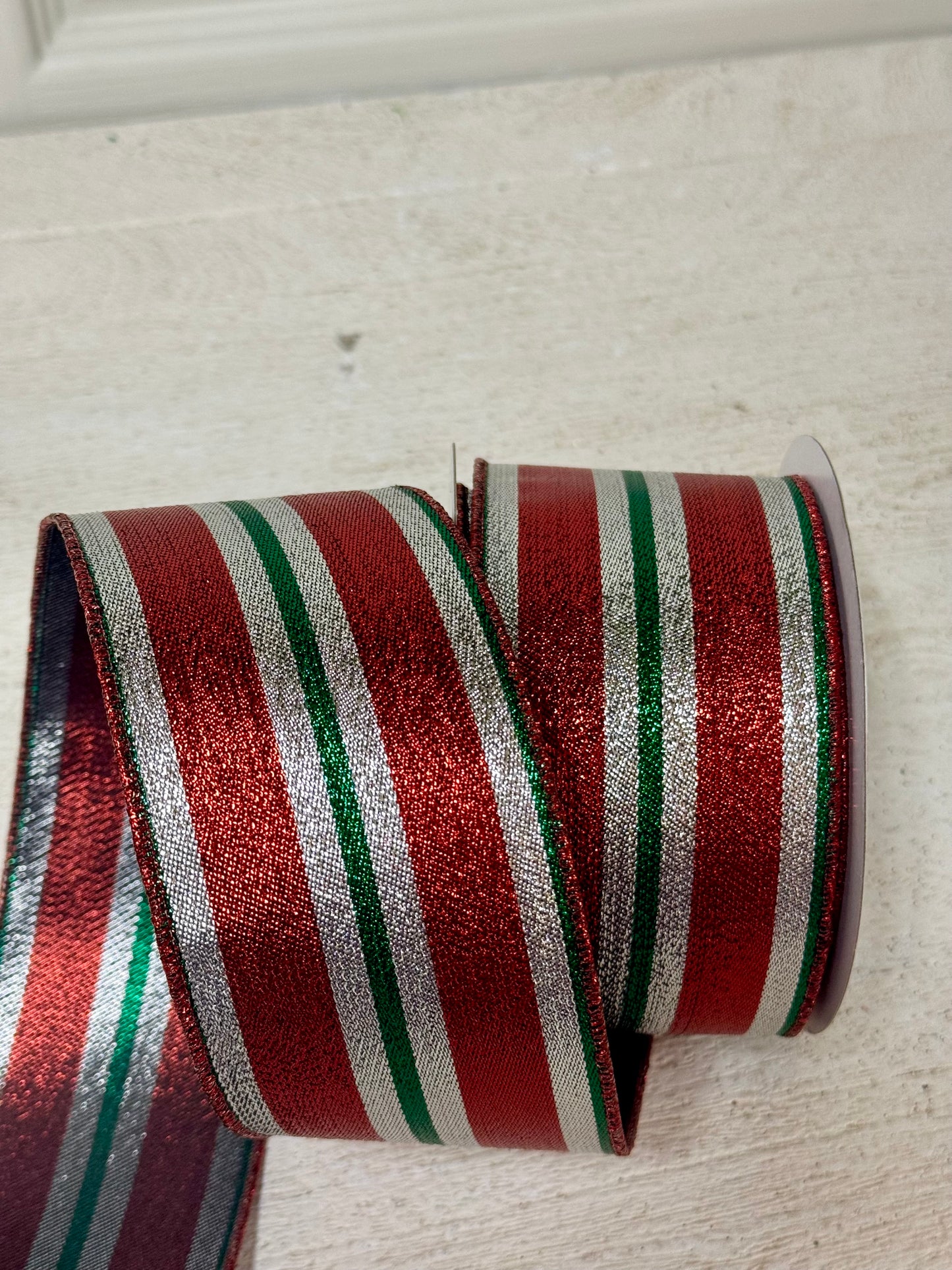 2.5 Inch By 10 Yard Red Silver And Emerald Metallic Stripe Ribbon