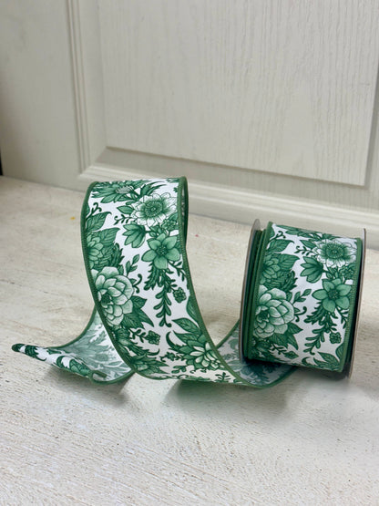 2.5 Inch By 10 Yard Sage Green And White Chinoiserie Florals Ribbon