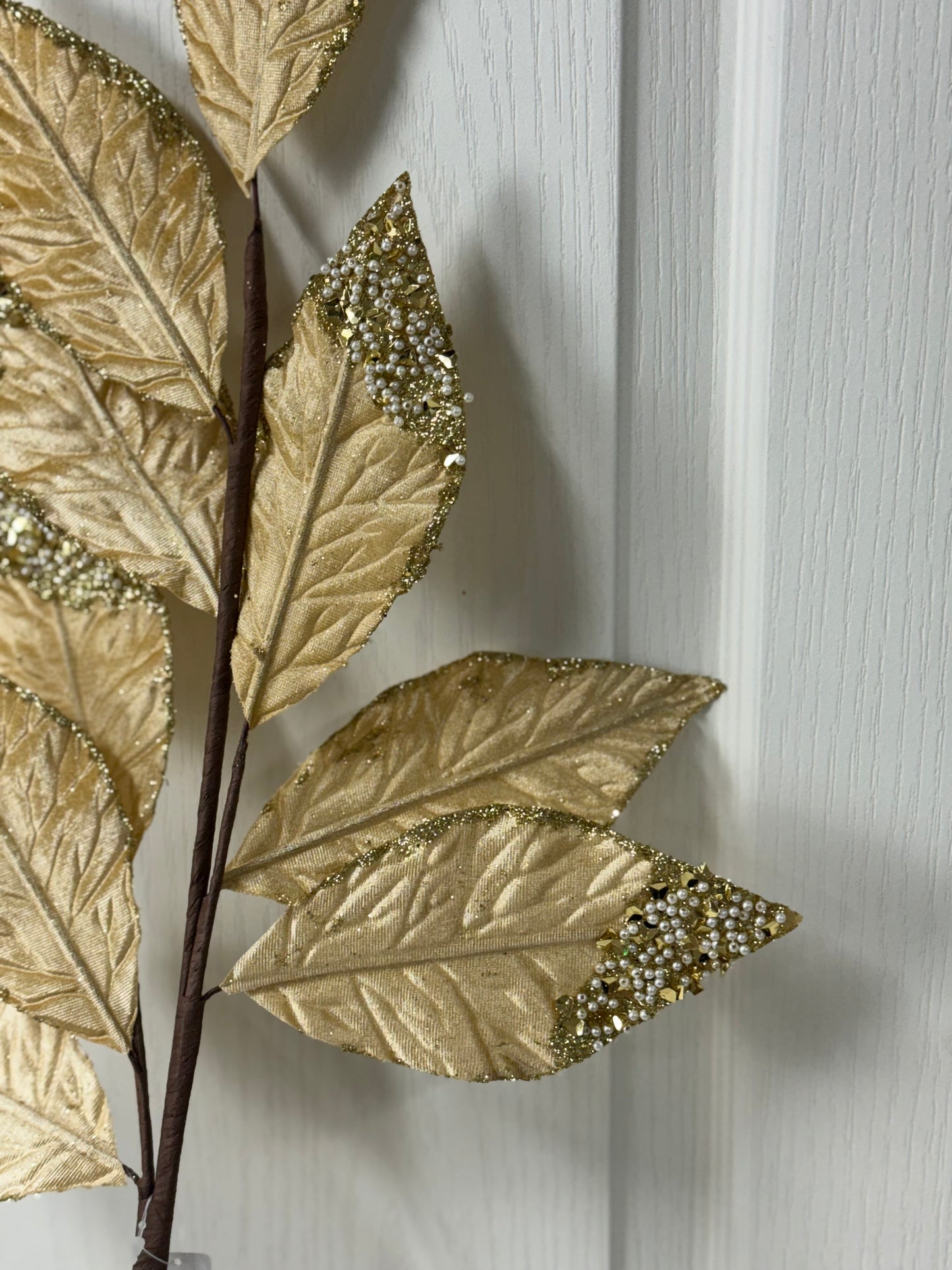 31.5 Inch Gold Pressed Velvet Glitter Leaf Spray With Pearls