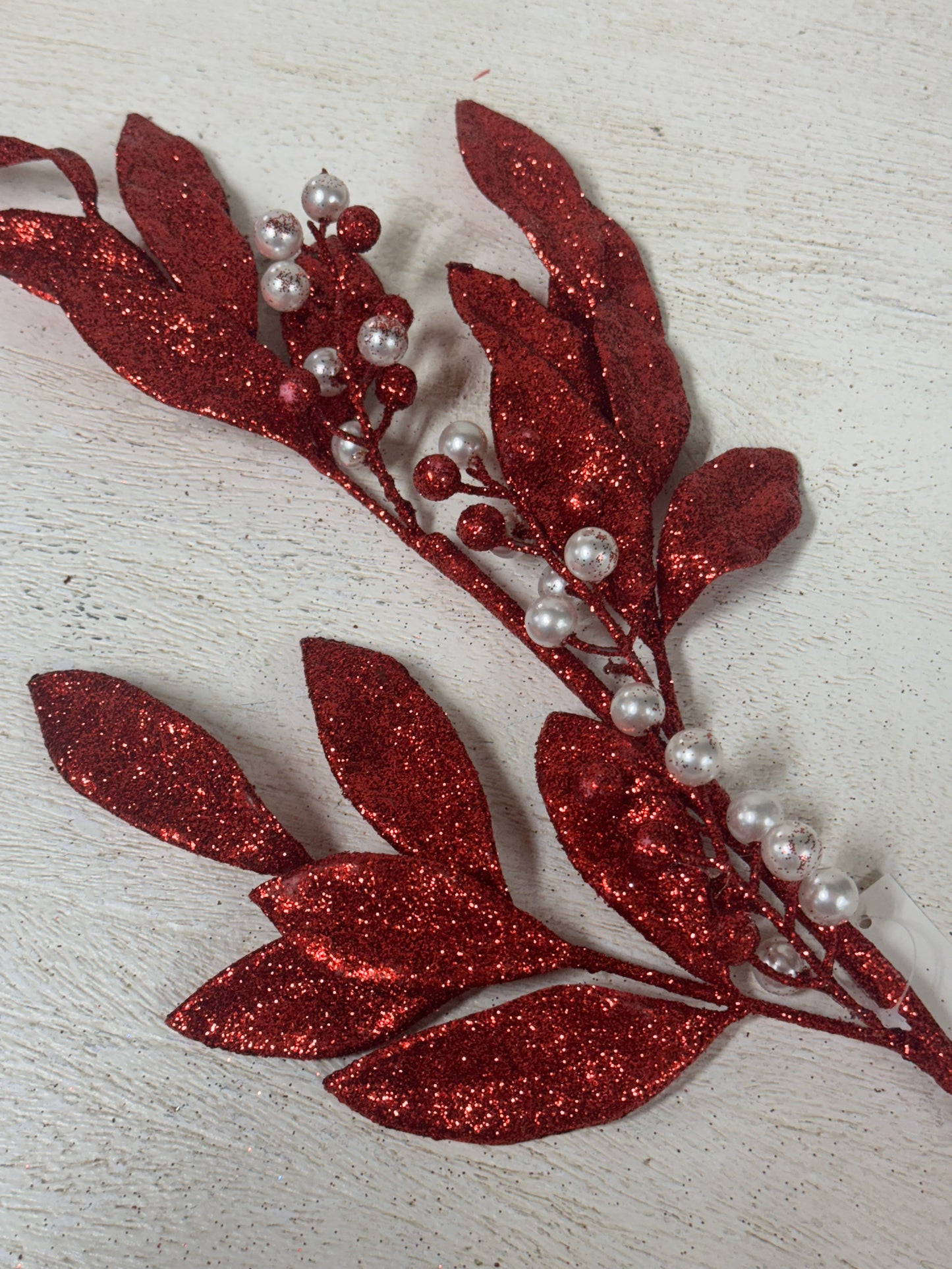 25 Inch Red Glitter Leaf Spray With Pearl Details